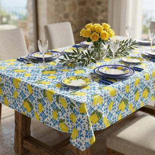 Toalha De Mesa Azulejo Azul Limão Amarelo Aquarela