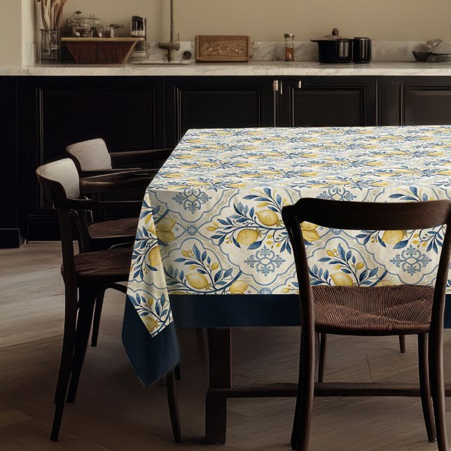 Toalha De Mesa Azulejos azuis marinhos de limões amarelos mediter (Mediterranean yellow lemons navy blue tiles tablecloth)