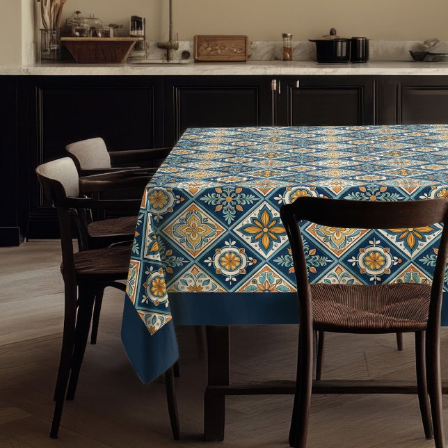 Toalha De Mesa Azulejos de laranja azul-marinho do Mediterrâneo r (Rustic Mediterranean navy blue orange tiles boho Tablecloth)