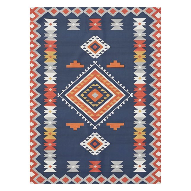 Toalha De Mesa Azure Navy and Terracotta Geometric Tribal (Frente)