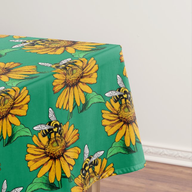 Toalha De Mesa Bee on Sunflower Flower Pattern Design Green  (Posição Original)