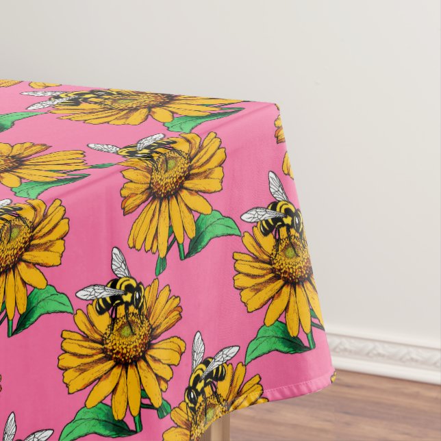 Toalha De Mesa Bee on Sunflower Flower Pattern Design Pink (Posição Original)