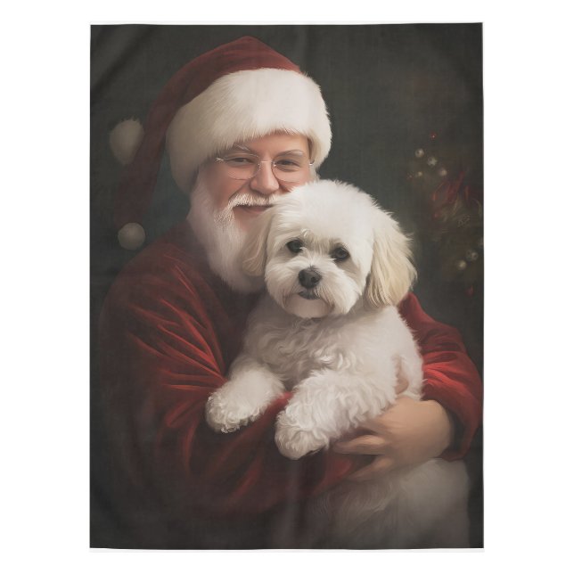 Toalha De Mesa Bichon Frise com Papai Noel Natal Festivo (Frente)