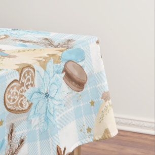 Toalha De Mesa Biscoitos de Natal Xadrez Azul Aquarela & Pudim