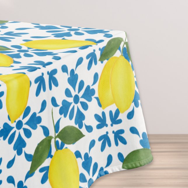 Toalha De Mesa Blue Tile Yellow Lemon Watercolor (Criador carregado)