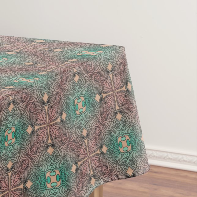 Toalha De Mesa Bohemian Damask in Pink Salmon Sea Green (Posição Original)