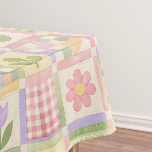 Toalha De Mesa Boho Chic Pink & Green Quilt Floral Patchwork (Posição Original)