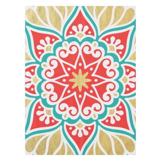 Toalha De Mesa Boho Fiesta Teal Red & Dourada Tablecloth Geométri (Frente)