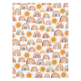 Toalha De Mesa Boho Rainbow e Sun Watercolor