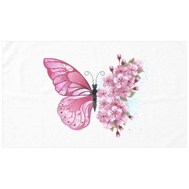 Toalha De Mesa Borboleta Flor com Sakura Rosa (Frente (Horizontal))