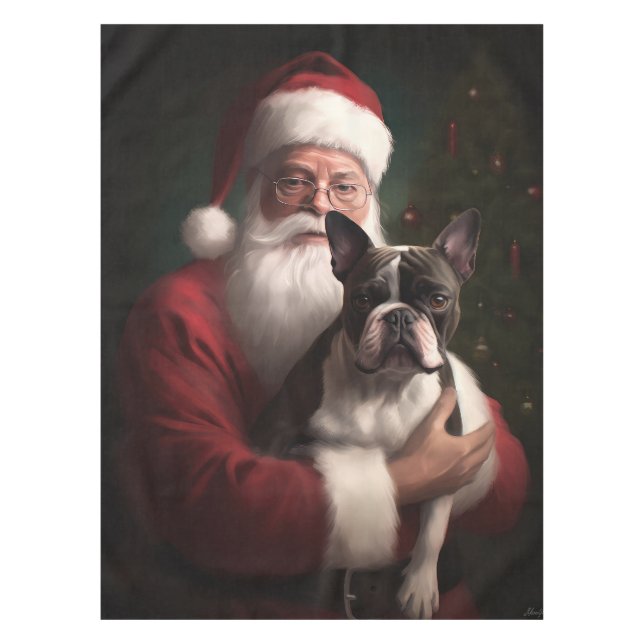 Toalha De Mesa Boston Terrier com Papai Noel Natal Festivo (Frente)