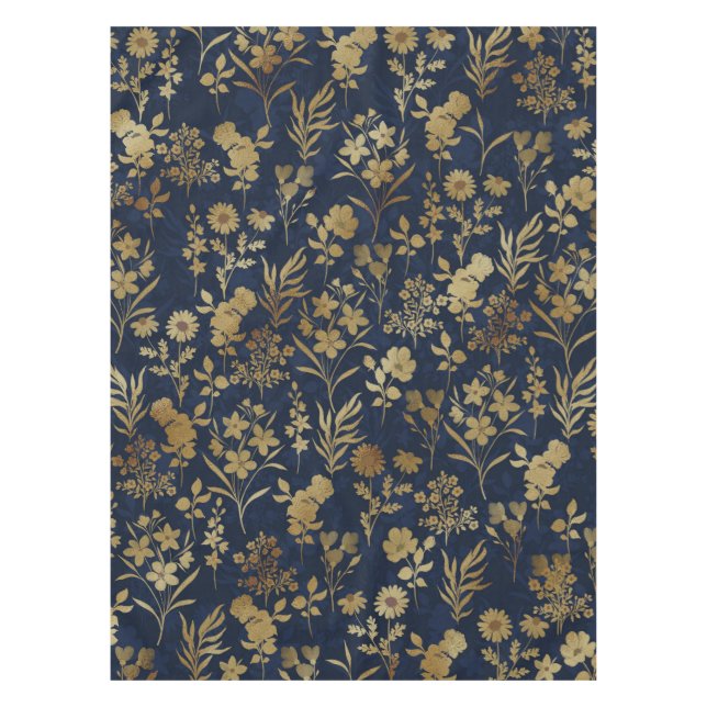 Toalha De Mesa Botanical Gold Flowers Blue Pattern (Frente)