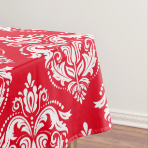 Toalha De Mesa Branco Sobre Damascos Florais Vermelhos Padrão Geo