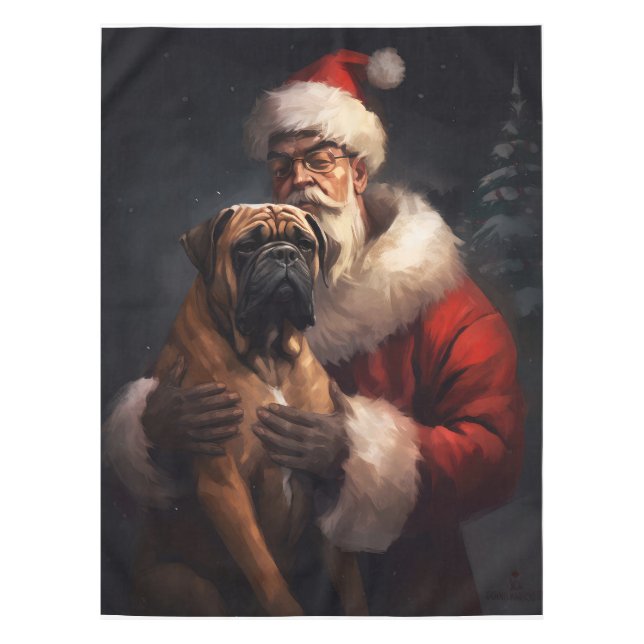 Toalha De Mesa Bullmastiff Com Papai Noel Natal Festivo (Frente)