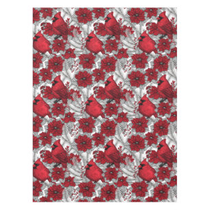 Toalha De Mesa Cardinhas e poinsetos em vermelho e branco