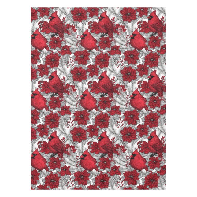 Toalha De Mesa Cardinhas e poinsetos em vermelho e branco (Frente)