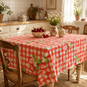Toalha De Mesa Casa de Campo Cottagecore com Xadrez Vermelho e Mo