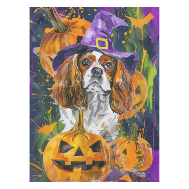 Toalha De Mesa Cavalier King Dog Halloween Witée E Pumpkin (Frente)