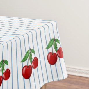 Toalha De Mesa Cerejas Vermelhas em Padrão Gráfico de Listras Azu