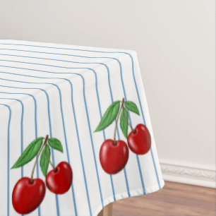 Toalha De Mesa Cerejas Vermelhas em Padrão Gráfico de Listras Azu