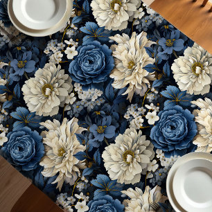 Toalha de Mesa Chic Flores Rosas Marfim Azul Desig