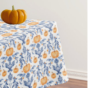 Toalha De Mesa Chinoiserie Azul Branco Abóboras Laranjas de Outon