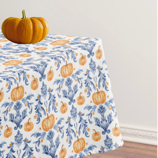 Toalha De Mesa Chinoiserie Azul Branco Abóboras Laranjas de Outon