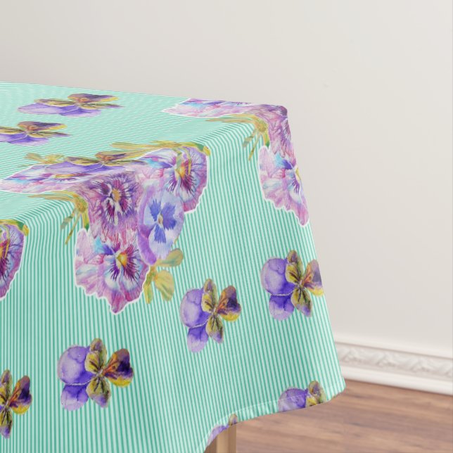 Toalha De Mesa Chique Aqua Stripe Pansy Tablecloth Floral (Posição Original)
