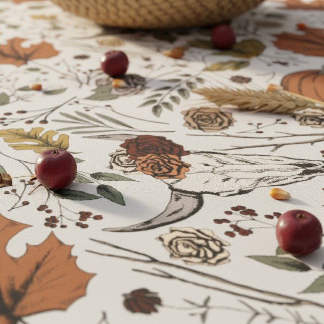 Toalha De Mesa Cinza Colheita De Cobra E Cabeça De Vaca Floral (Gray Country Western Fall Pumpkin and Cow Skull Floral Tablecloth for Thanksgiving in Autumn Colors.)