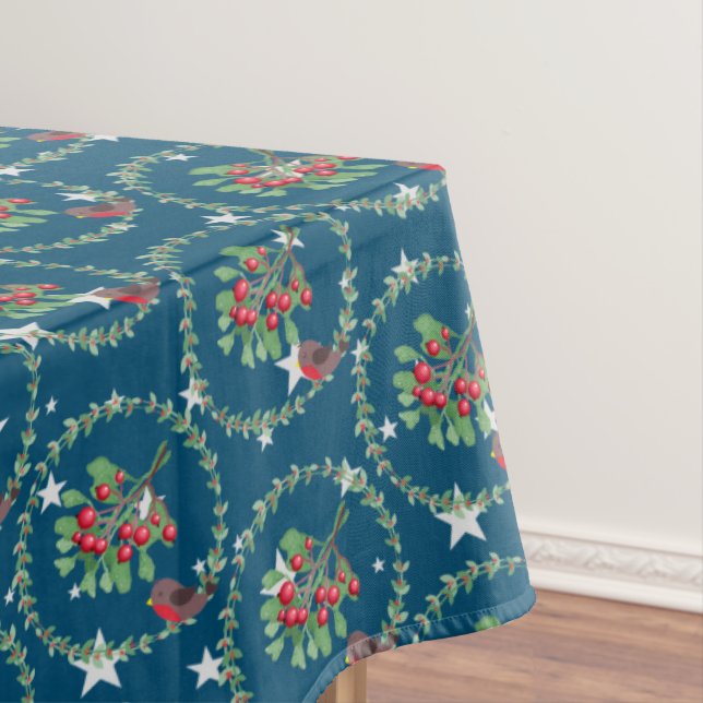 Toalha De Mesa Cinza Star Blue Robin Wreath Natal (Posição Original)