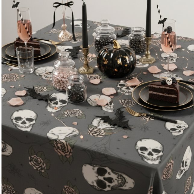 Toalha De Mesa Cinzas Escuras, Capas Góticas e Rosas no Dia das B (Gray Goth Floral Skulls Halloween, Dia de los Muertos Tablecloth. Gothic Skull, Rose Flower Pattern)