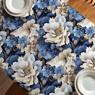 Toalha de Mesa Clássica Azul Branco Marfim Floral