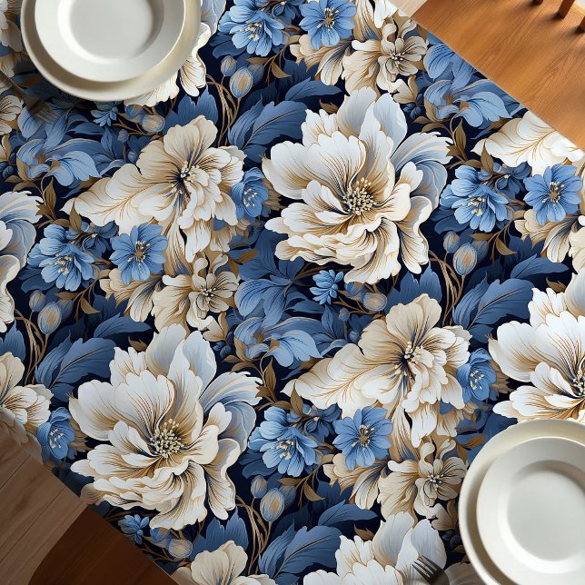 Toalha de Mesa Clássica Azul Branco Marfim Floral (Classic Blue White Ivory Floral Dining Tablecloth)