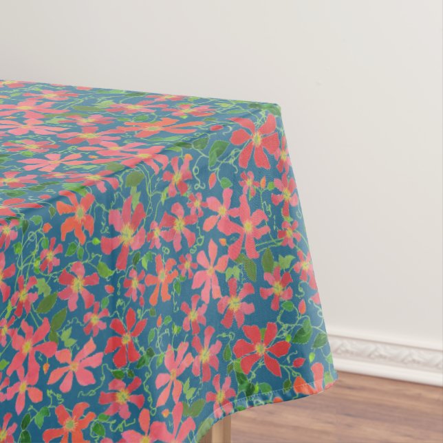 Toalha De Mesa Clematis Pink, Red, Orange Floral em Azul Profundo (Posição Original)