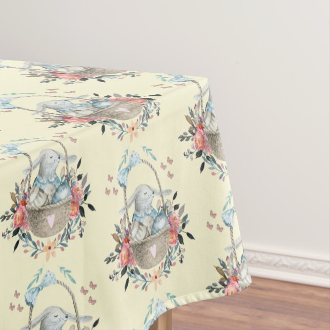 Toalha De Mesa Coelhinho bonito em uma cesta com ovos e flores Bo (Posição Original)