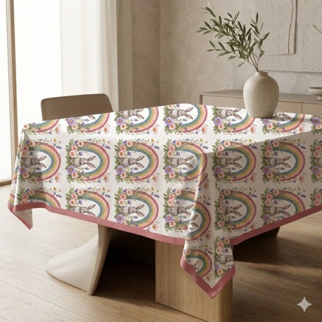Toalha De Mesa Coelho da Páscoa Primavera Arco-íris Arte Flores S (Spring Easter Bunny Rainbow Art Wildflowers Meadow Tablecloth)