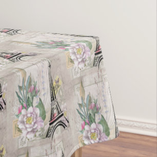 Toalha De Mesa Colagem de Flores Vintage e Padrão de Torre Eiffel