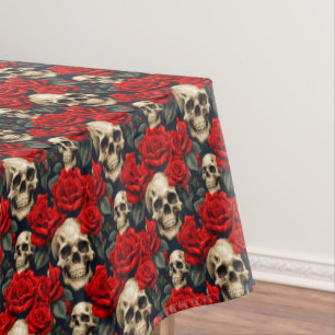 Toalha De Mesa Crânios com Rosas vermelhos e pretos