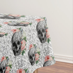 Toalha De Mesa Crânios e Rosas Rosa