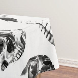 Toalha De Mesa Cránios Preto e Branco Padrão de Arte de Caveira