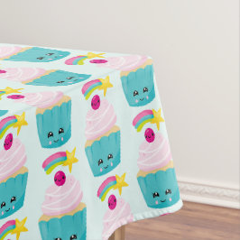 Toalha De Mesa Cupcake azul-bonito com a face Kawaii