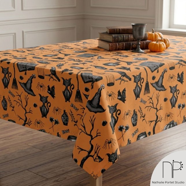 Toalha de mesa de Halloween assustadoramente encan (Hand drawn witchy Halloween birthday tablecloth with magical spellbook and pumpkin ink art)