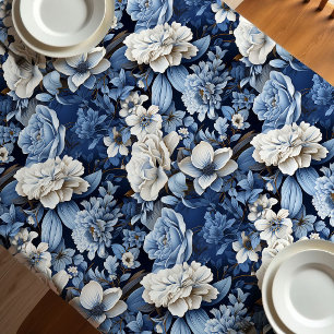 Toalha de Mesa de Luxo Floral Azul Branco Marfim E