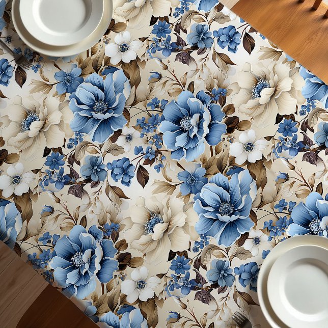 Toalha de Mesa de Luxo Floral Marfim Azul Sofistic (Sophisticated Blue Ivory Floral Luxury Tablecloth)