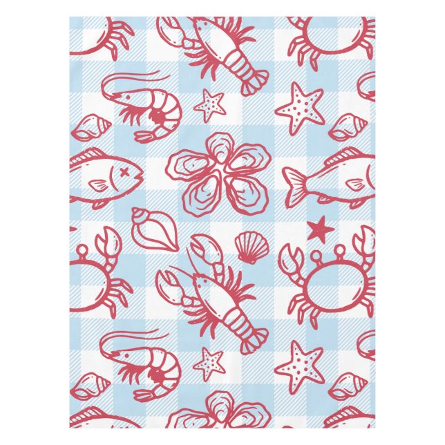 Toalha De Mesa Decoração de Cozinha Gingham de Mariscos Costeiros (Frente)
