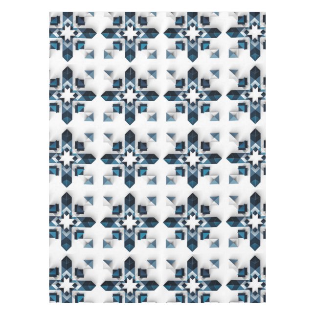 Toalha De Mesa Desenho Geométrico Abstrato em Azul e Branco (Frente)