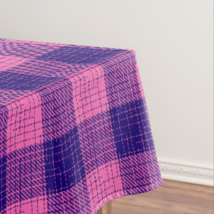 Toalha De Mesa Desenho Xadrez Azul e Rosa com Trama Cruzada