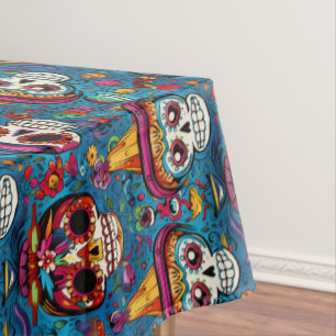 Toalha De Mesa Dia de Muertos, padrão de crânios de açúcar azul
