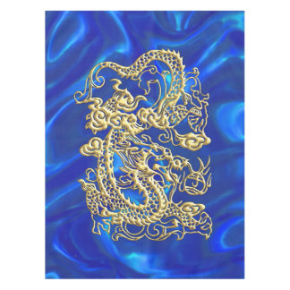 Toalha De Mesa Dragão Dourado gravado no cetim azul