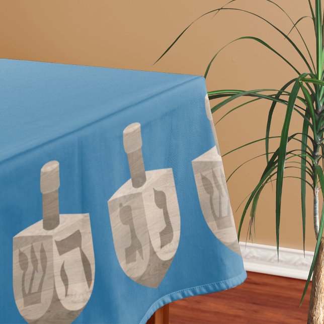 Toalha De Mesa Dreidel Rustic Oak Blue Jeway Hanukkah (Dress up your Hanukkah table for parties and dinners with this blue & faux wood dreidels tablecloth)
